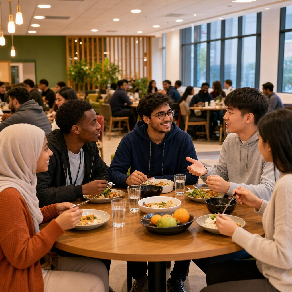 Campus life photo — international students at hostel/prayer room/halal dining hall