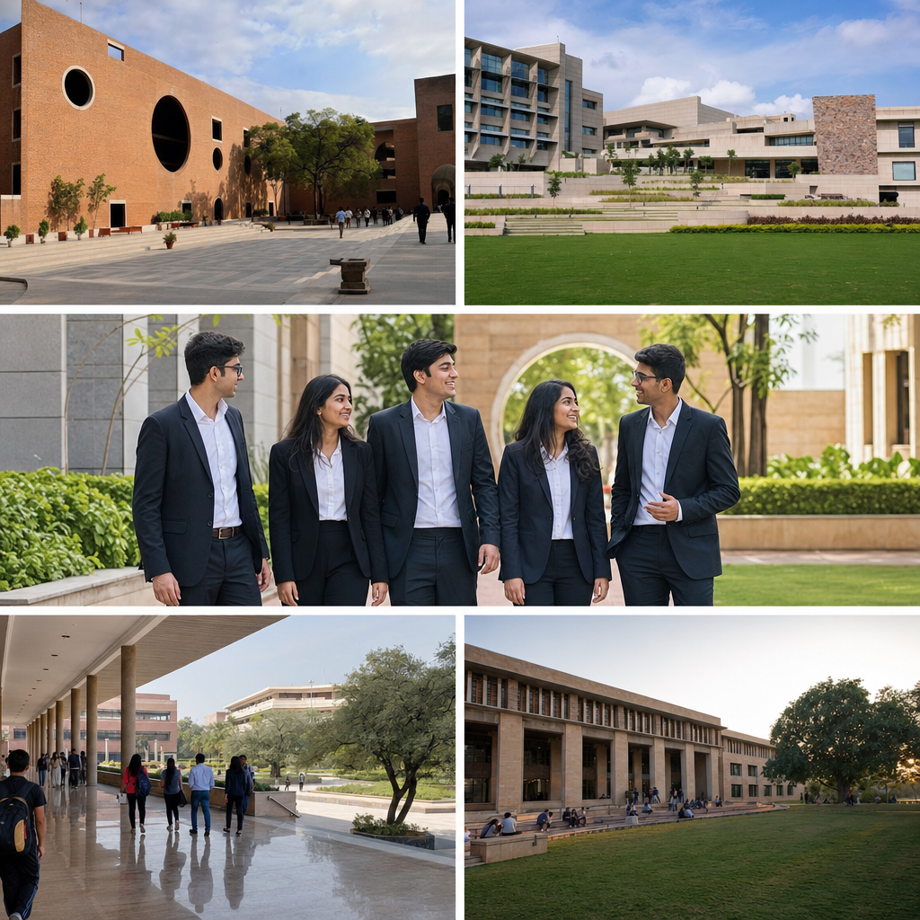 Collage of top B-school logos — IIM, ISB, XLRI, SPJIMR campuses