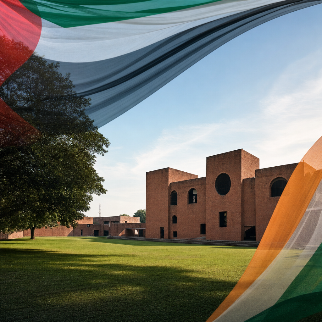 Hero image — IIM Ahmedabad campus with UAE/India flag overlay and "MBA in India 2026" title