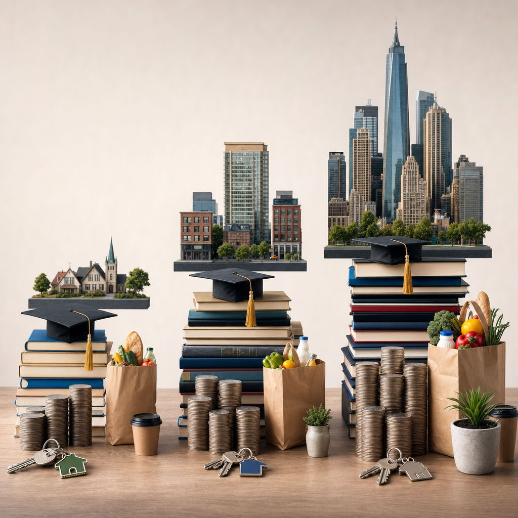 Infographic — tuition vs. living cost breakdown by city tier