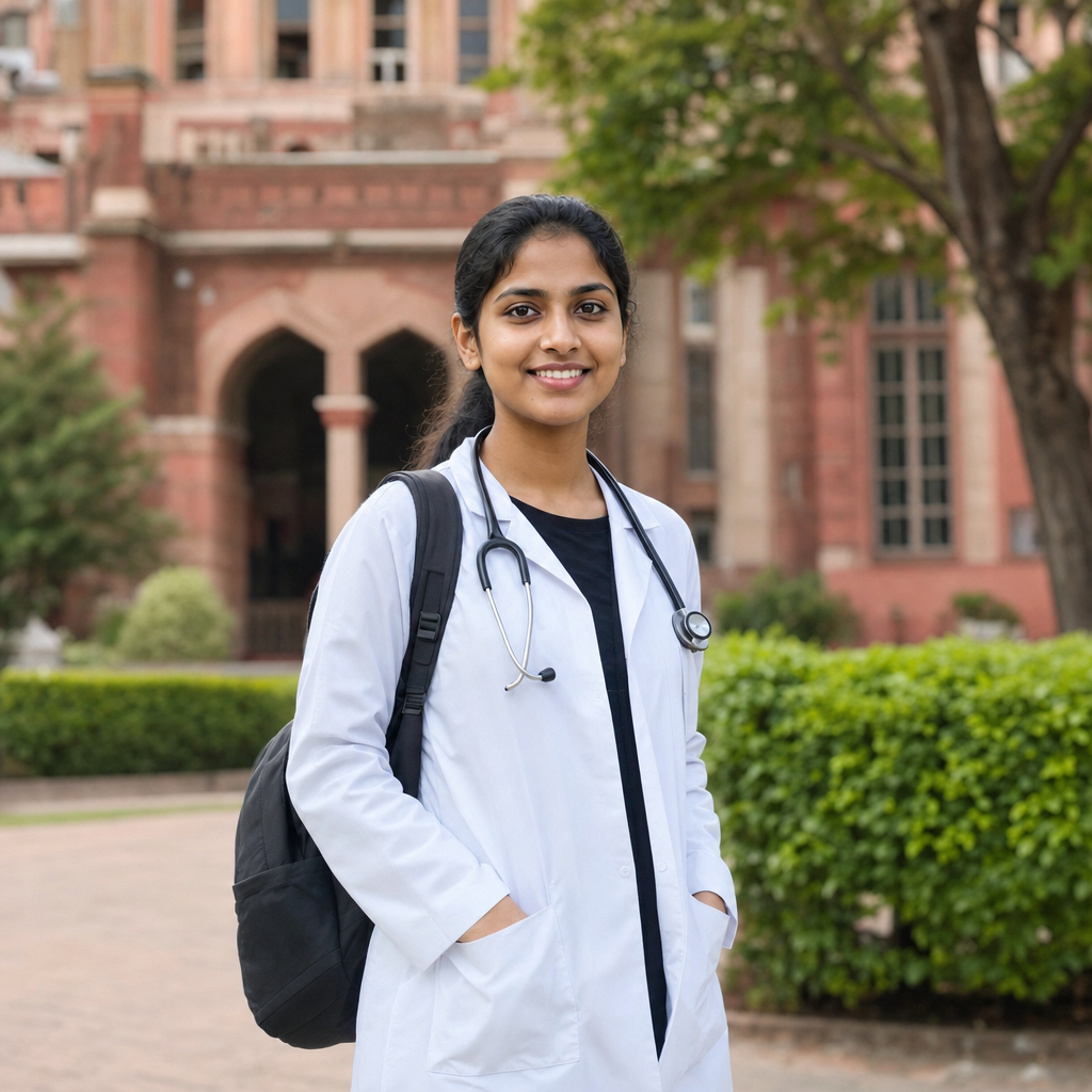 Hero image — Sri Lankan medical student in a white coat on an Indian campus