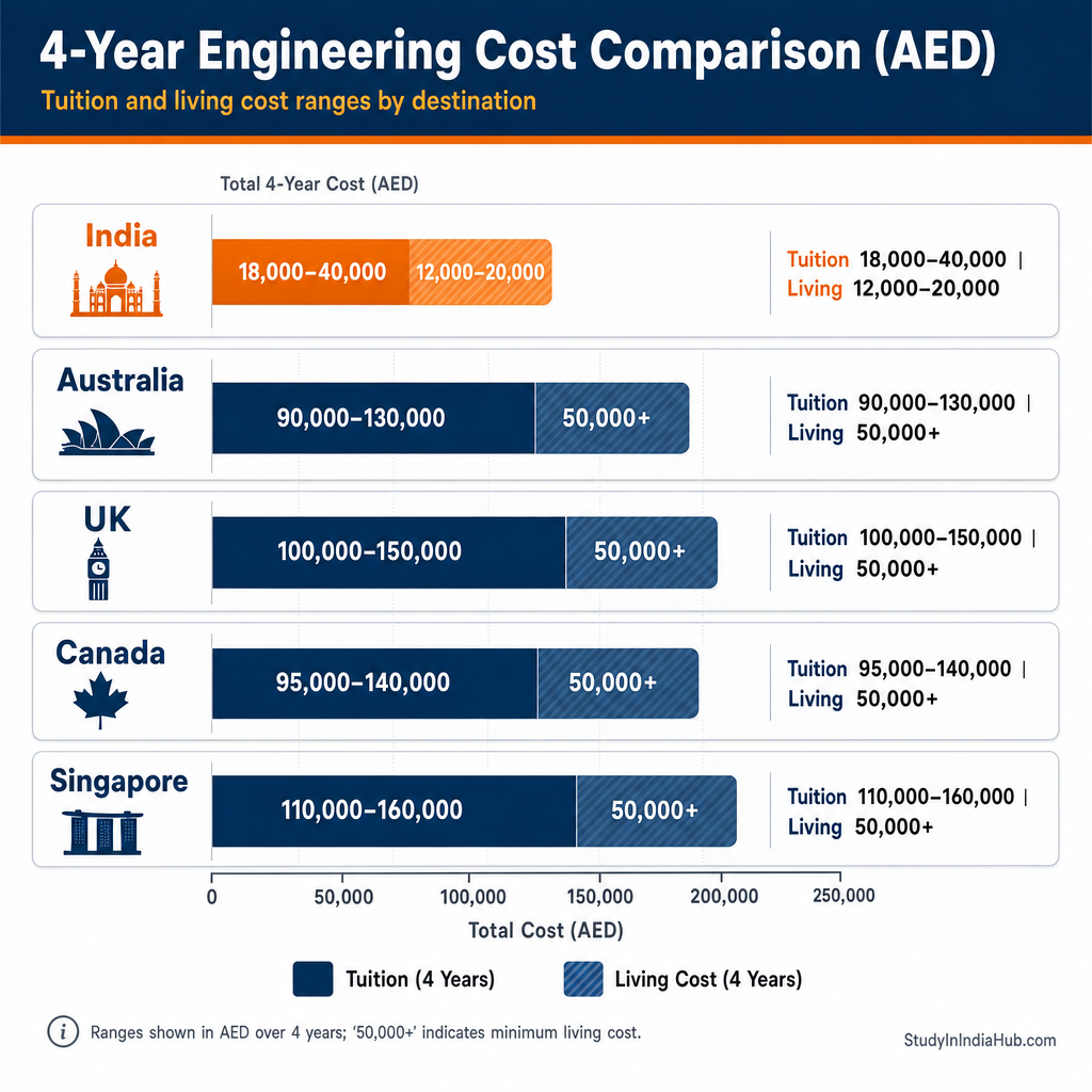 StudyInIndiaHub.com — 4-Year Engineering Cost Comparison (AED)