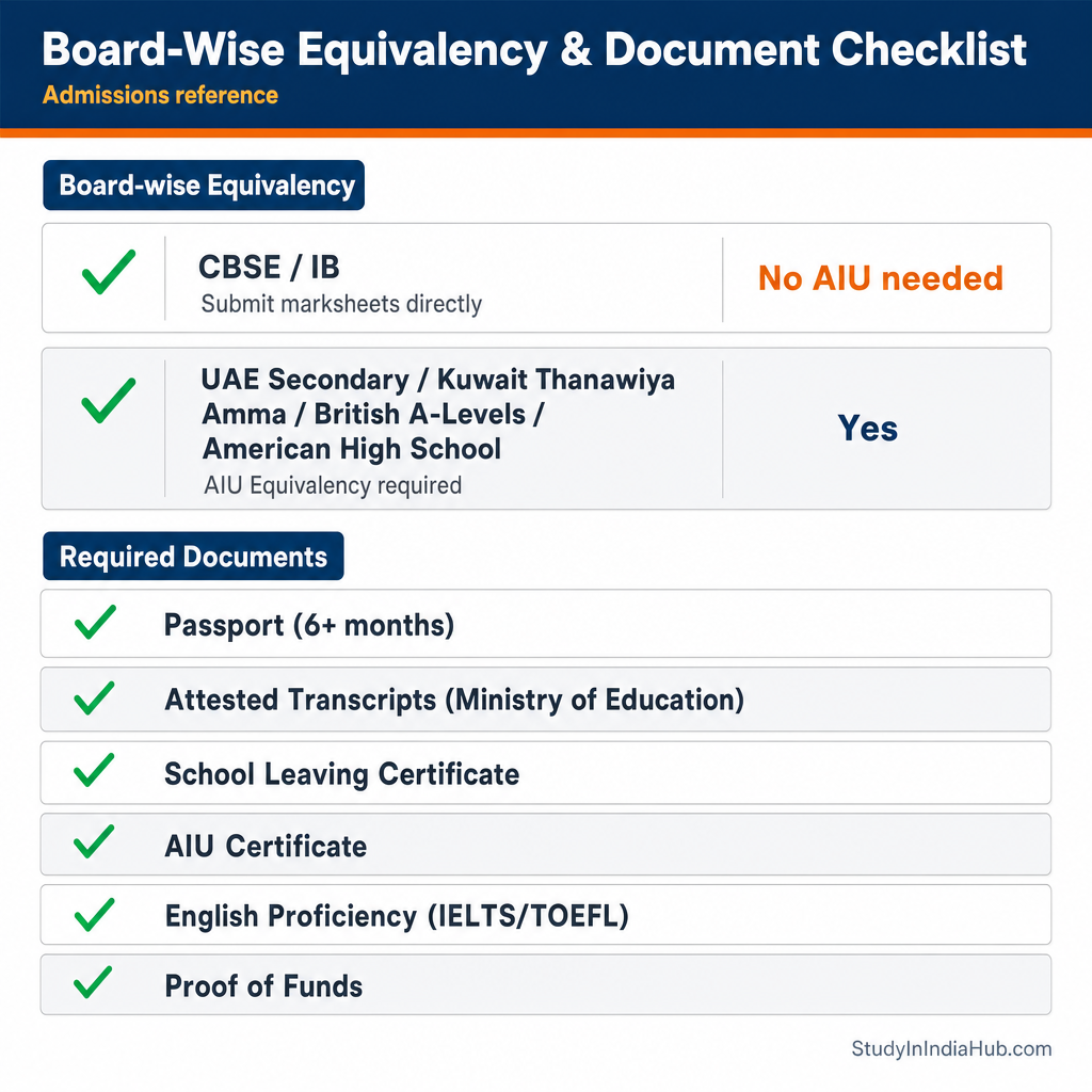 StudyInIndiaHub.com — Board-Wise Equivalency & Document Checklist