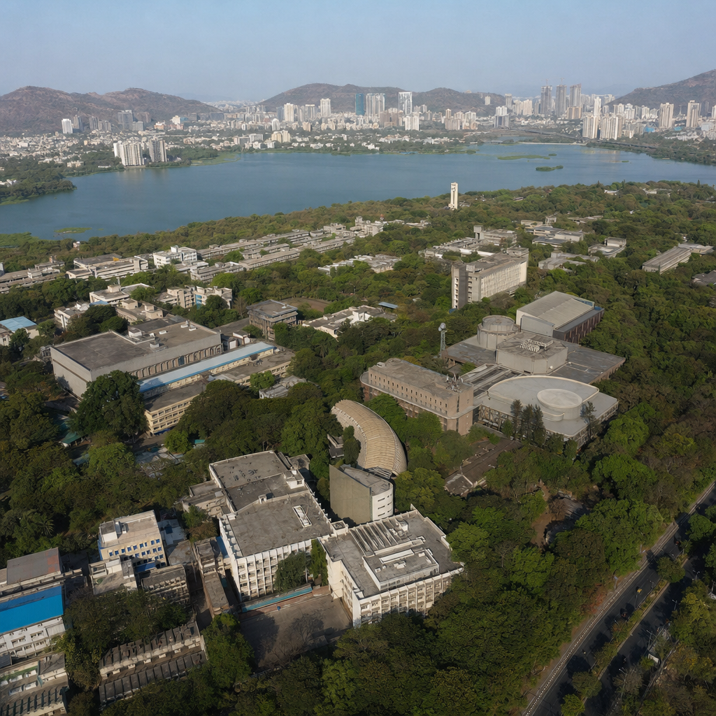 Aerial view of Mumbai's university district, showing IIT Bombay's Powai campus near the lake. Alt text: "IIT Bombay campus in Powai, Mumbai."