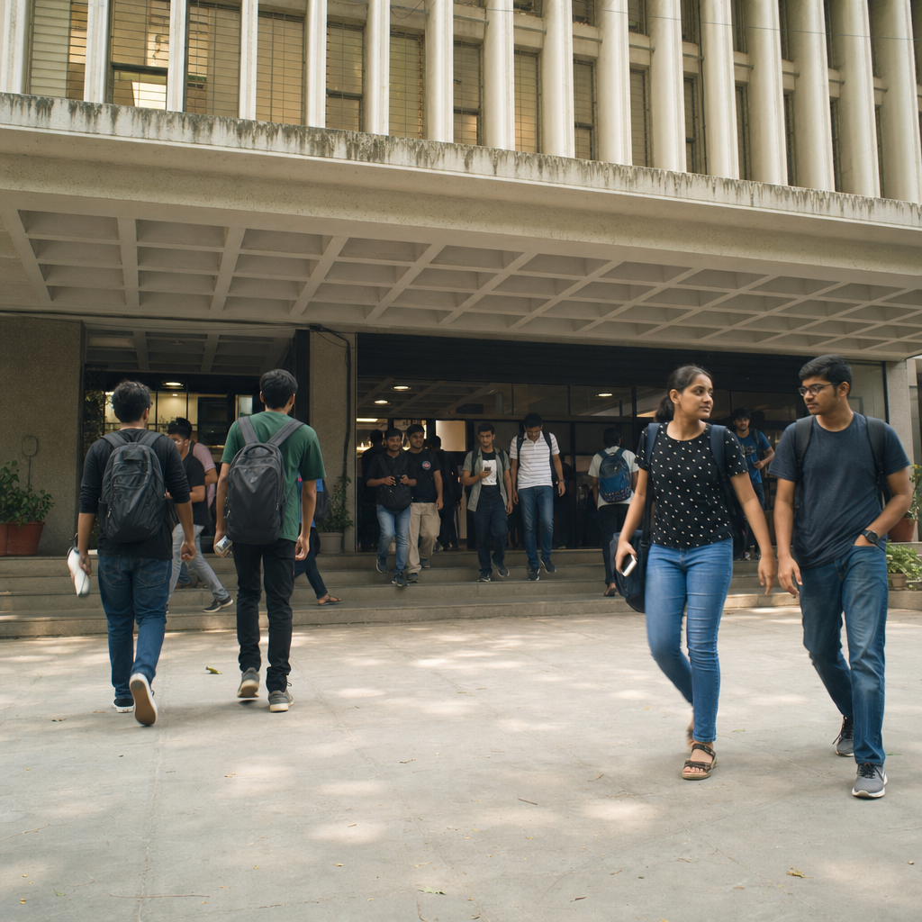 Students walking through IIT Bombay's main building entrance. Alt text: "IIT Bombay academic block."