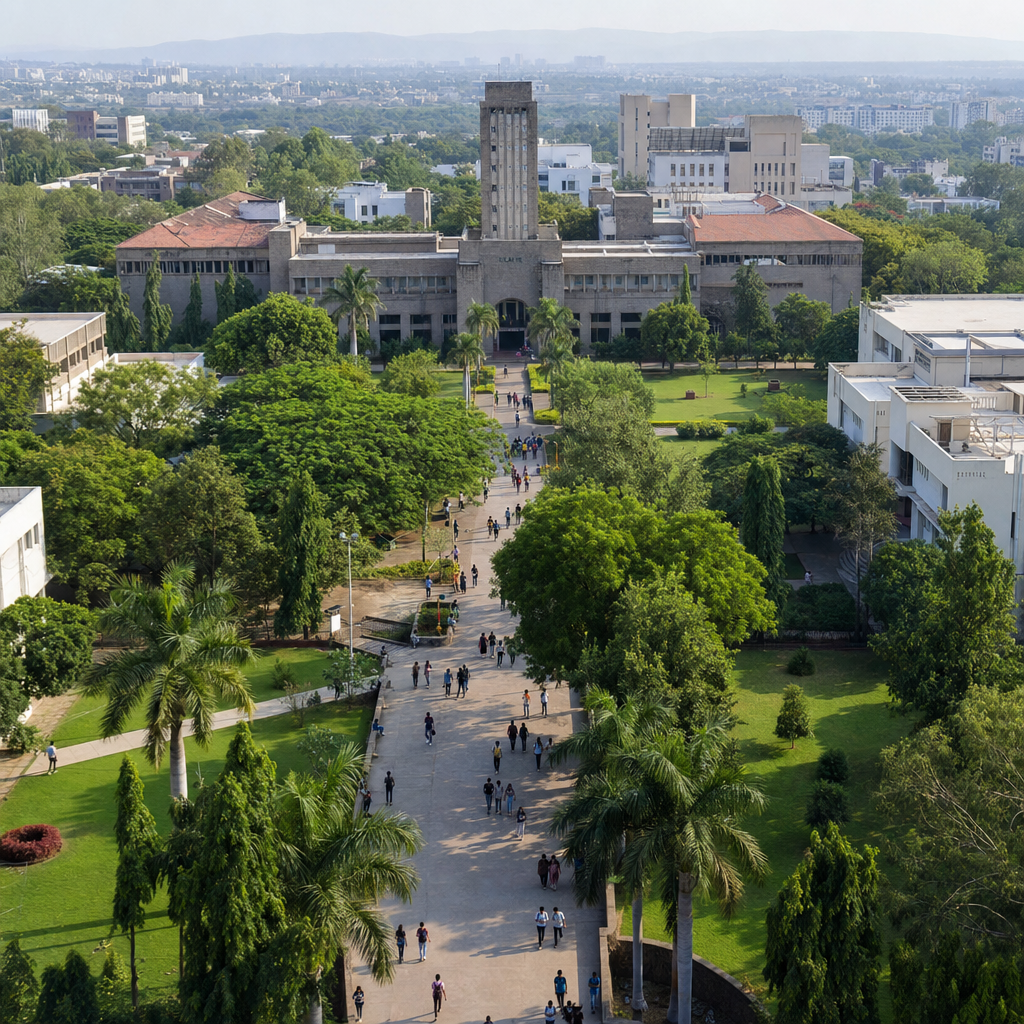 Aerial view of a Pune university campus with students walking between buildings